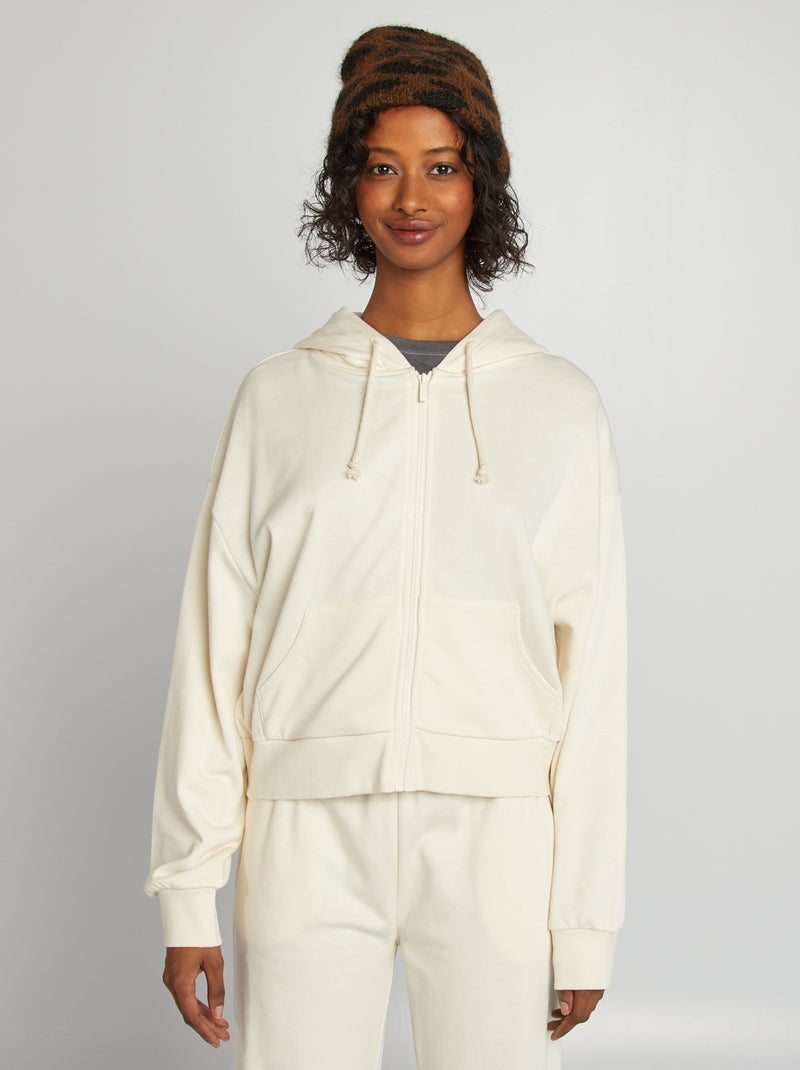 Sweatshirt em moletão liso com fecho e capuz BEGE - Kiabi