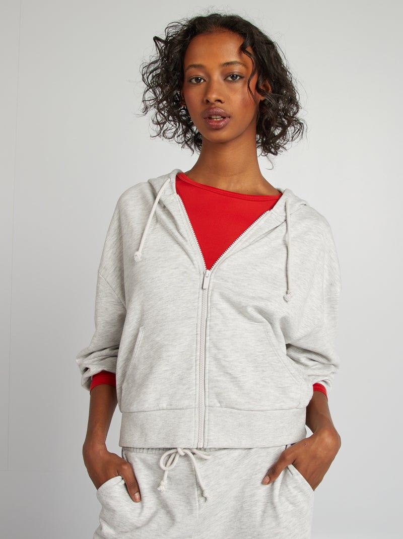 Sweatshirt em moletão liso com fecho e capuz CINZA - Kiabi