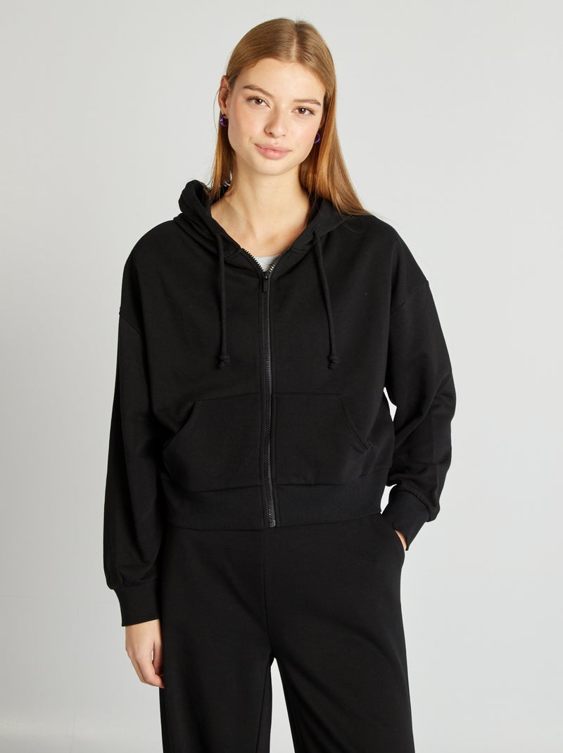 Sweatshirt em moletão liso com fecho e capuz Preto - Kiabi