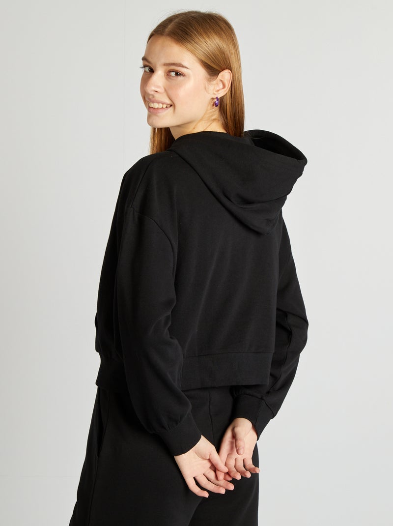 Sweatshirt em moletão liso com fecho e capuz Preto - Kiabi