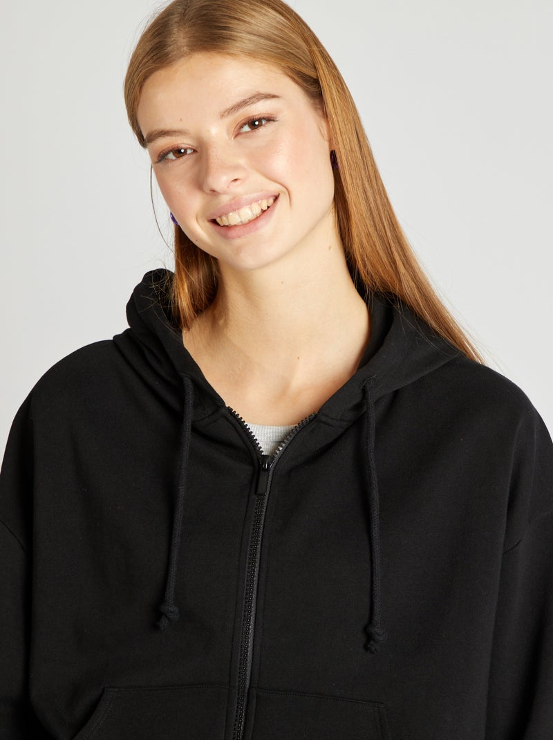 Sweatshirt em moletão liso com fecho e capuz Preto - Kiabi
