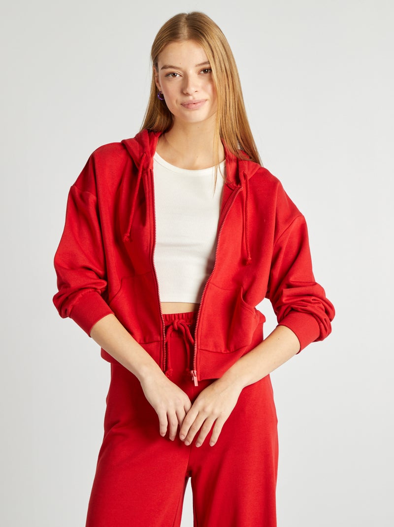 Sweatshirt em moletão liso com fecho e capuz VERMELHO - Kiabi