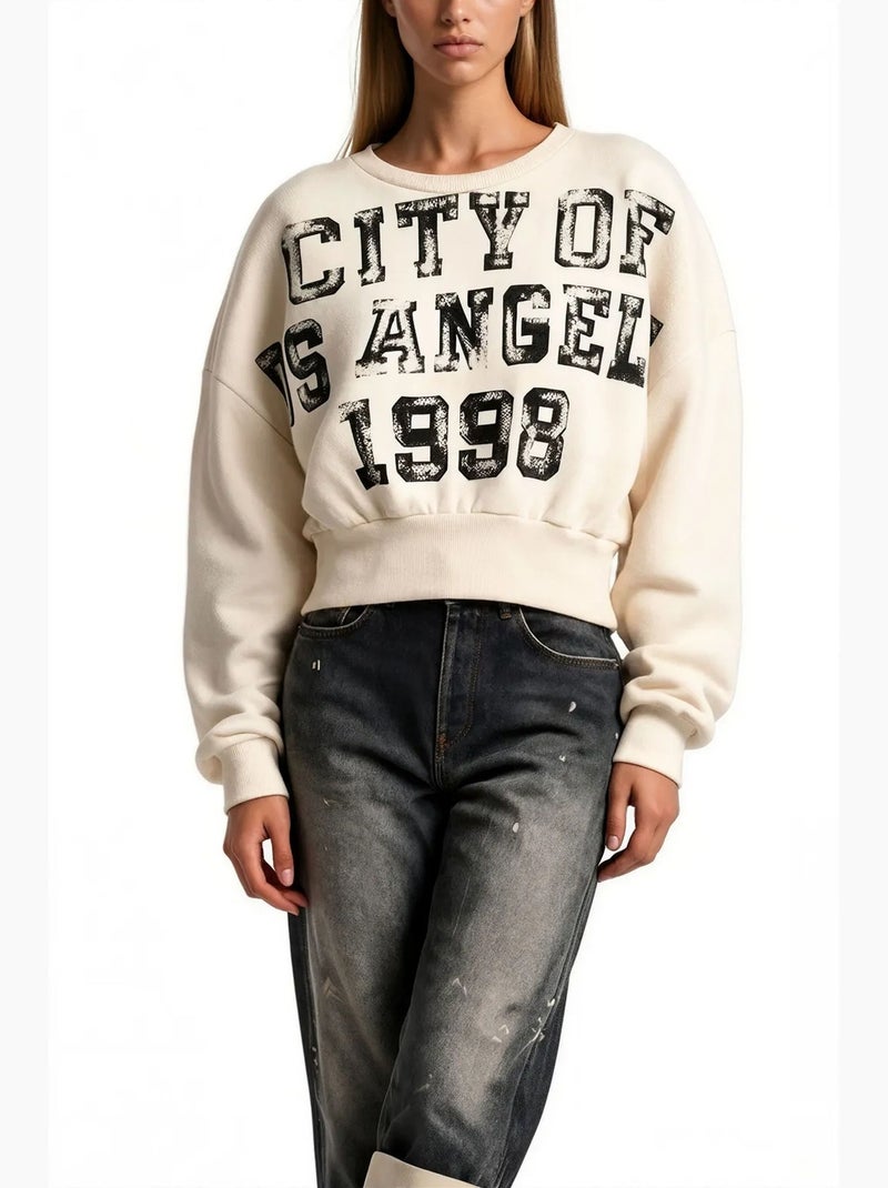 Sweatshirt feminina em mistura de algodão busem Creme - Kiabi