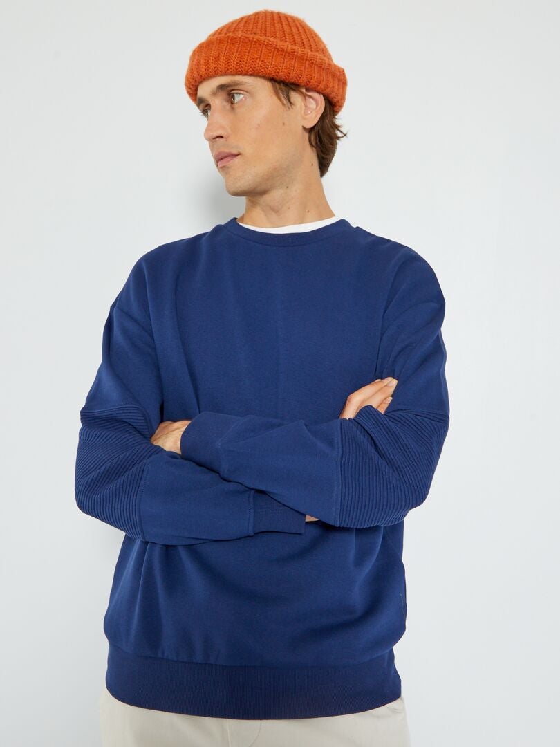Sweatshirt lisa com mangas caneladas Azul Escuro - Kiabi