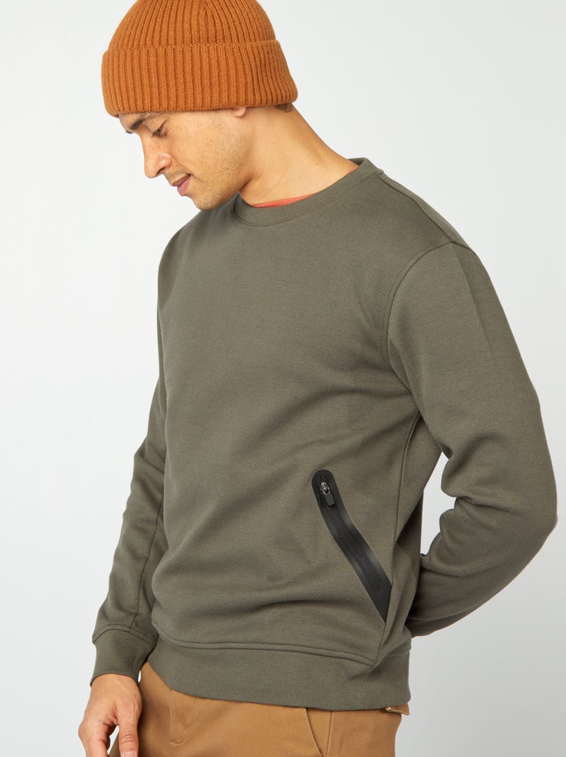 Sweatshirt lisa de malha piqué com bolsos com fecho CAQUI - Kiabi