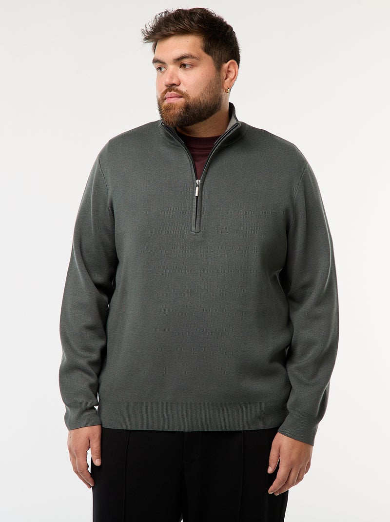 Sweatshirt liso com gola alta com zíper estilo caminhoneiro Caqui - Kiabi