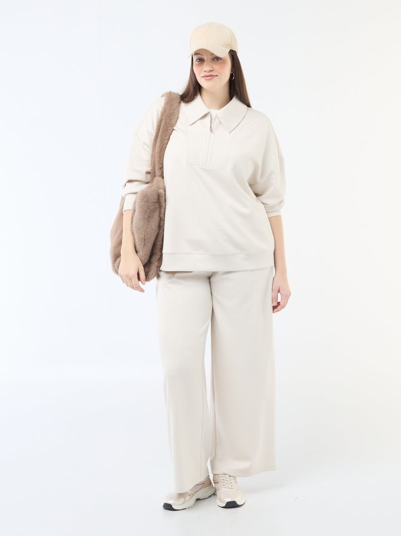 Sweatshirt liso com gola funil com zíper Bege - Kiabi