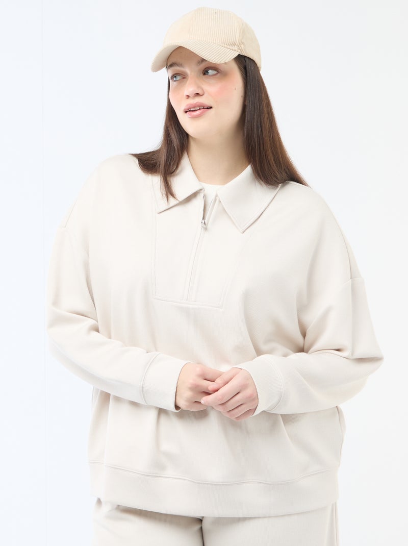 Sweatshirt liso com gola funil com zíper Bege - Kiabi