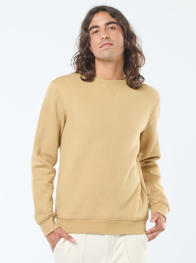 Sweatshirt liso de gola redonda em moletom cardado Bege - Kiabi