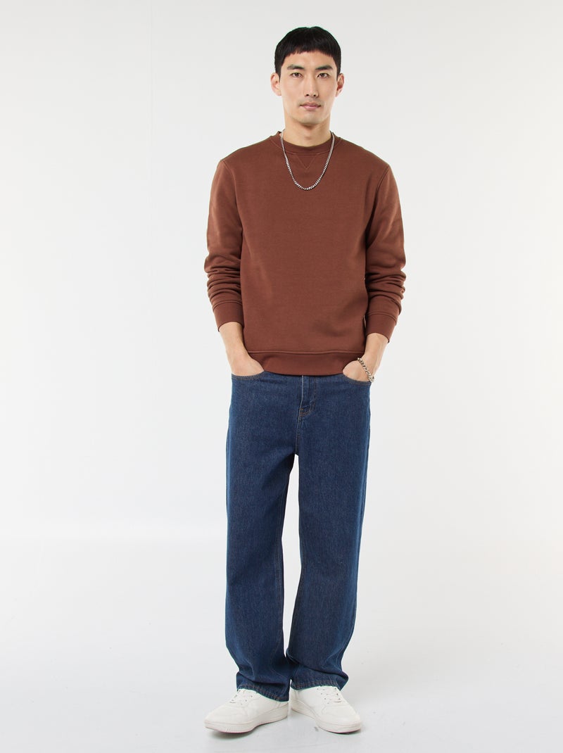 Sweatshirt liso de gola redonda em moletom cardado Castanho - Kiabi
