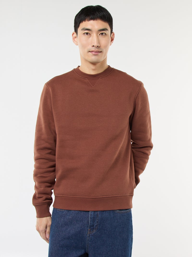 Sweatshirt liso de gola redonda em moletom cardado Castanho - Kiabi
