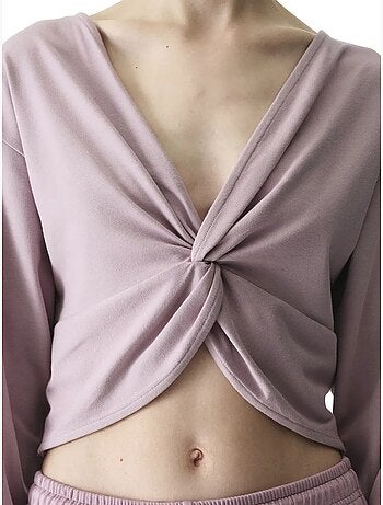 Sweatshirt midi oversized com decote em v e detalhe de amarração penti