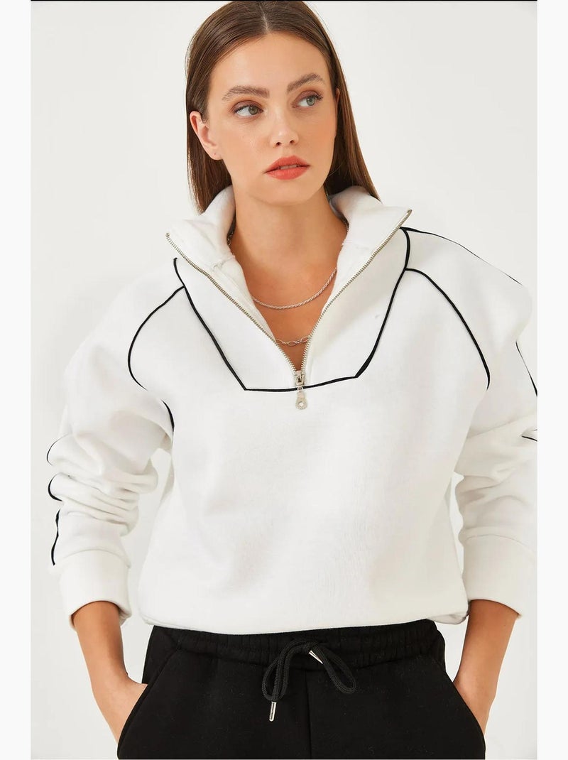Sweatshirt oversize crop com meia abertura de fecho lucci Branco - Kiabi