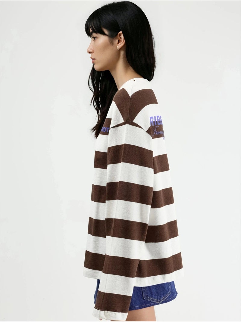 Sweatshirt oversized às riscas com decote redondo busem Castanho-claro - Kiabi