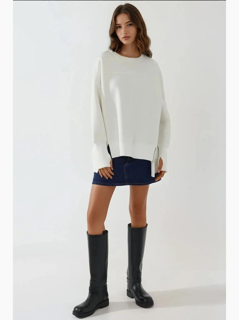 Sweatshirt oversized com gola redonda e racha frontal branca hiccup Branco - Kiabi