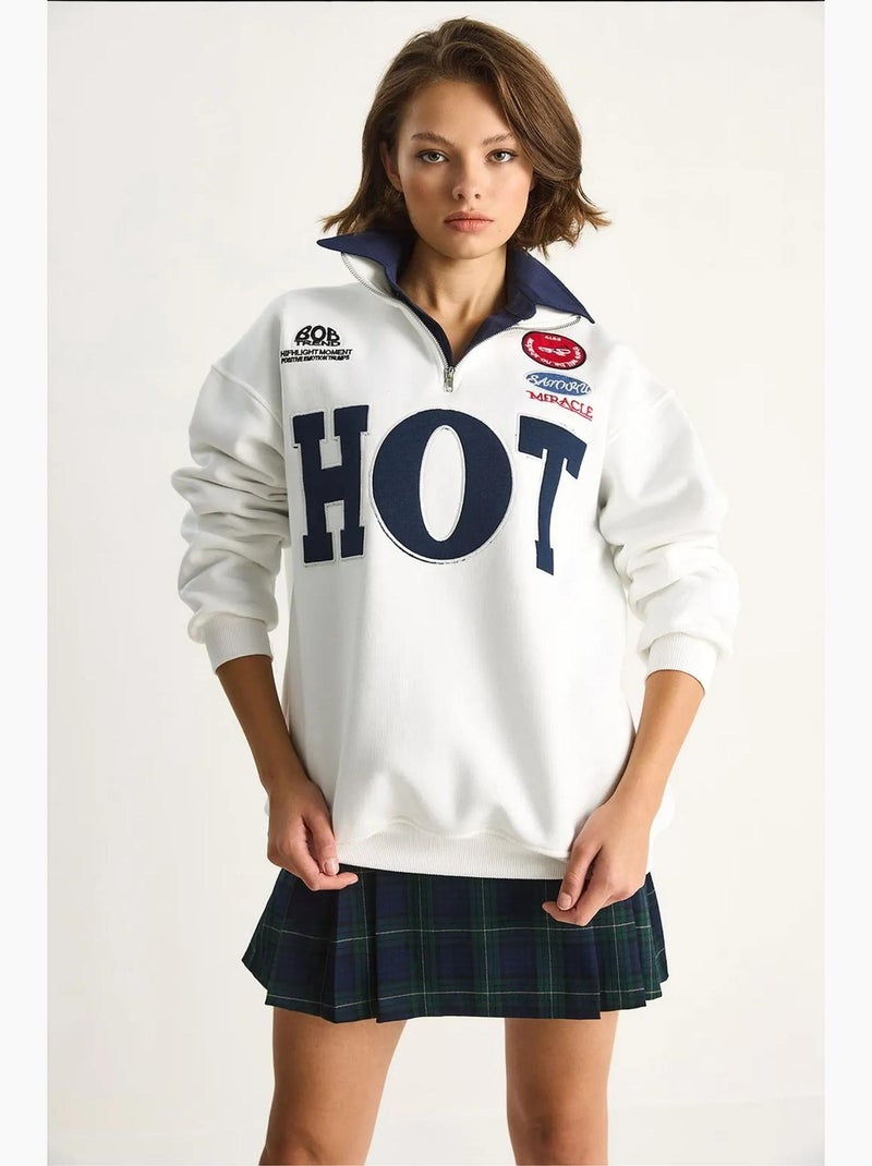 Sweatshirt oversized com meia abertura de fecho e estampado de texto lucci Branco - Kiabi