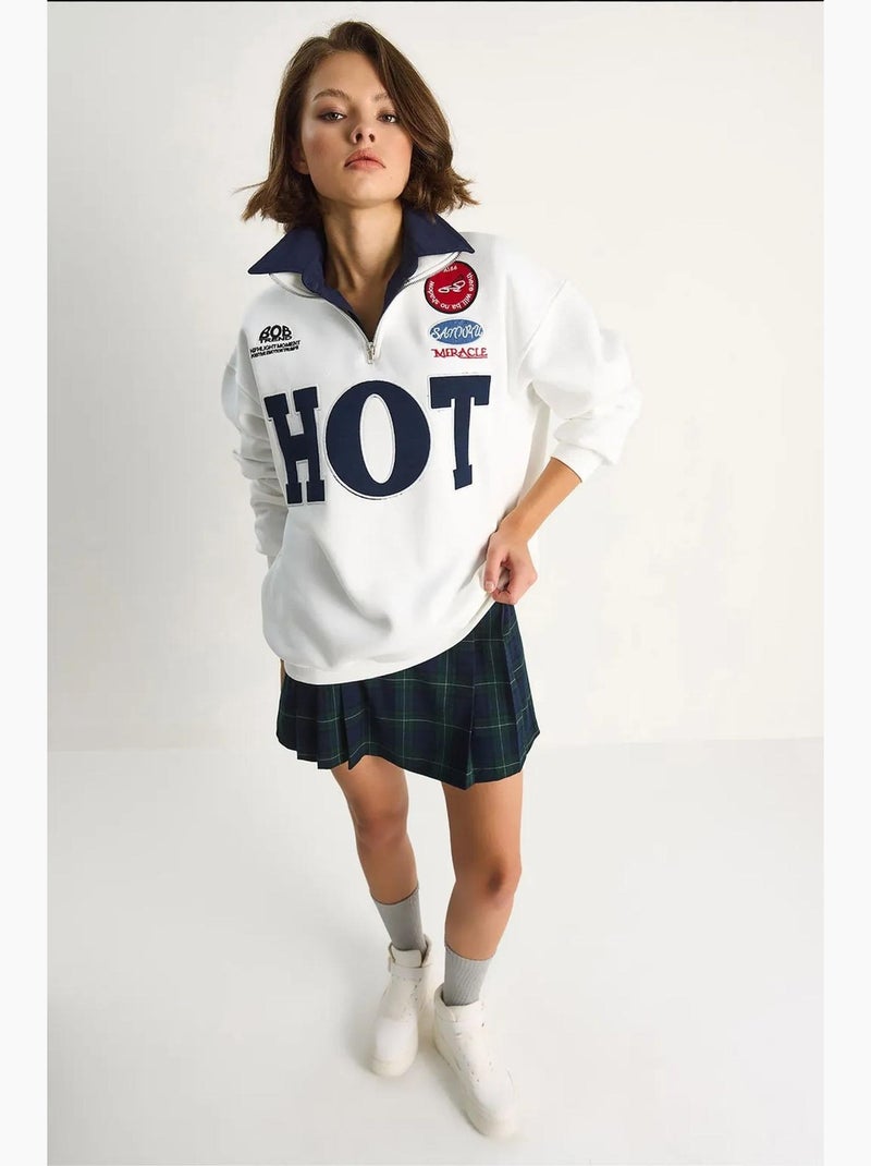 Sweatshirt oversized com meia abertura de fecho e estampado de texto lucci Branco - Kiabi