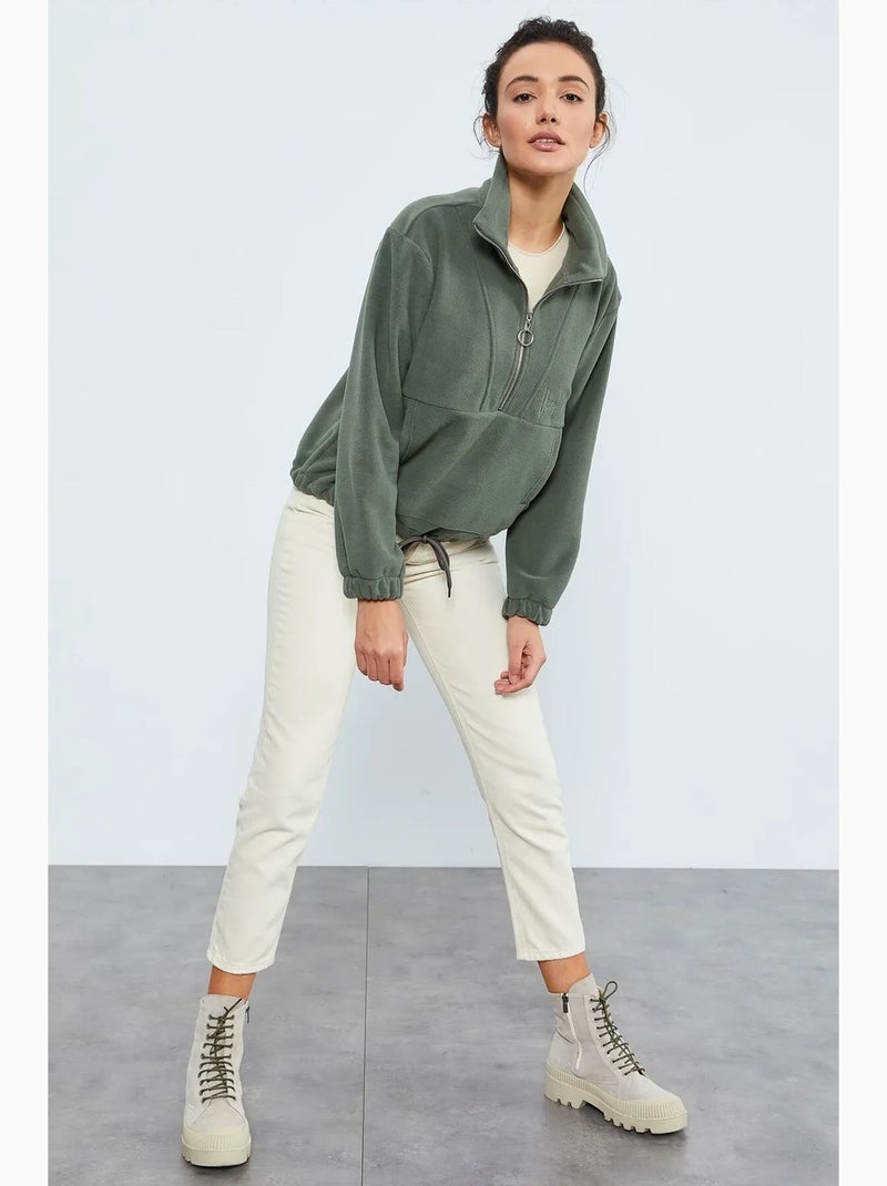 Sweatshirt oversized de peluche com meia abertura de fecho tommy Cáqui - Kiabi