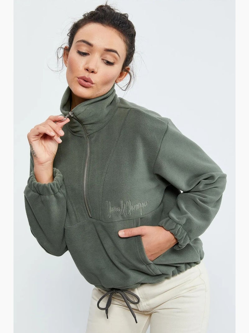Sweatshirt oversized de peluche com meia abertura de fecho tommy Cáqui - Kiabi