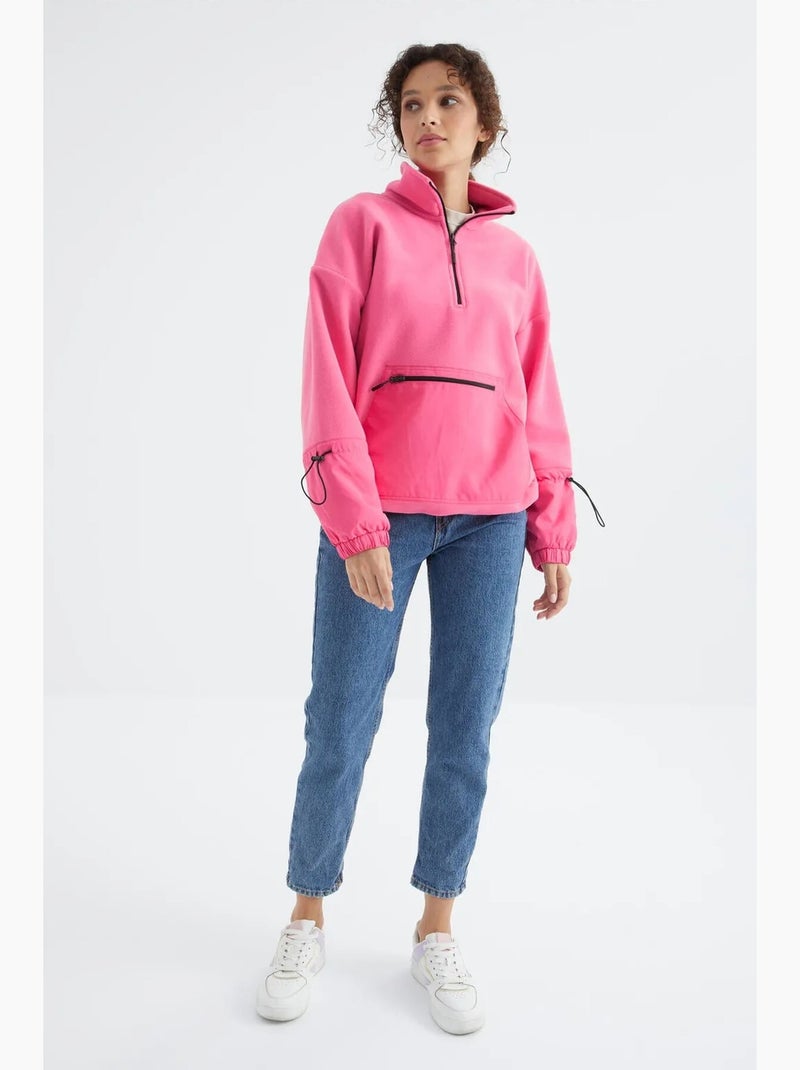 Sweatshirt oversized em pelúcia com meio zíper tommy Rosa-fluo/Solinotes - Kiabi