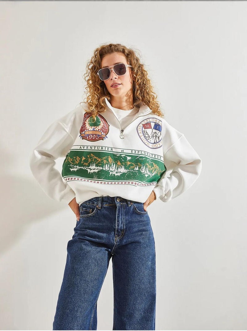 Sweatshirt oversized estampada com fecho de correr lucci Branco - Kiabi