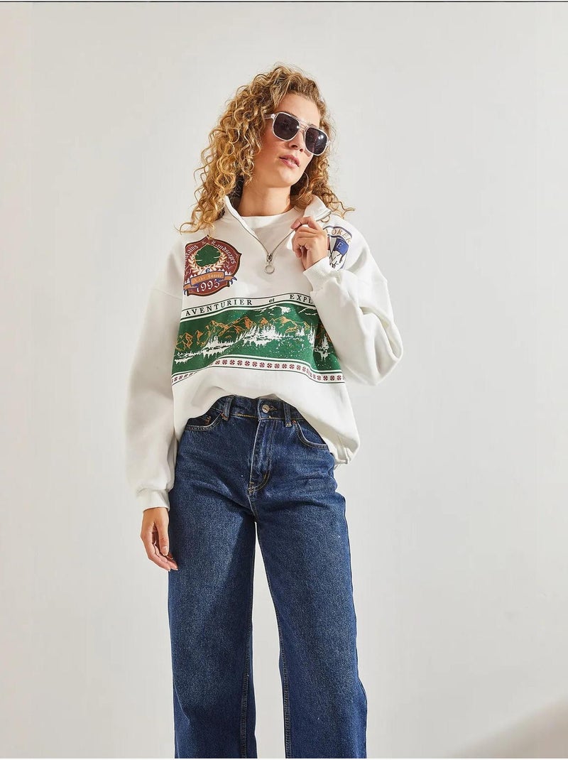 Sweatshirt oversized estampada com fecho de correr lucci Branco - Kiabi