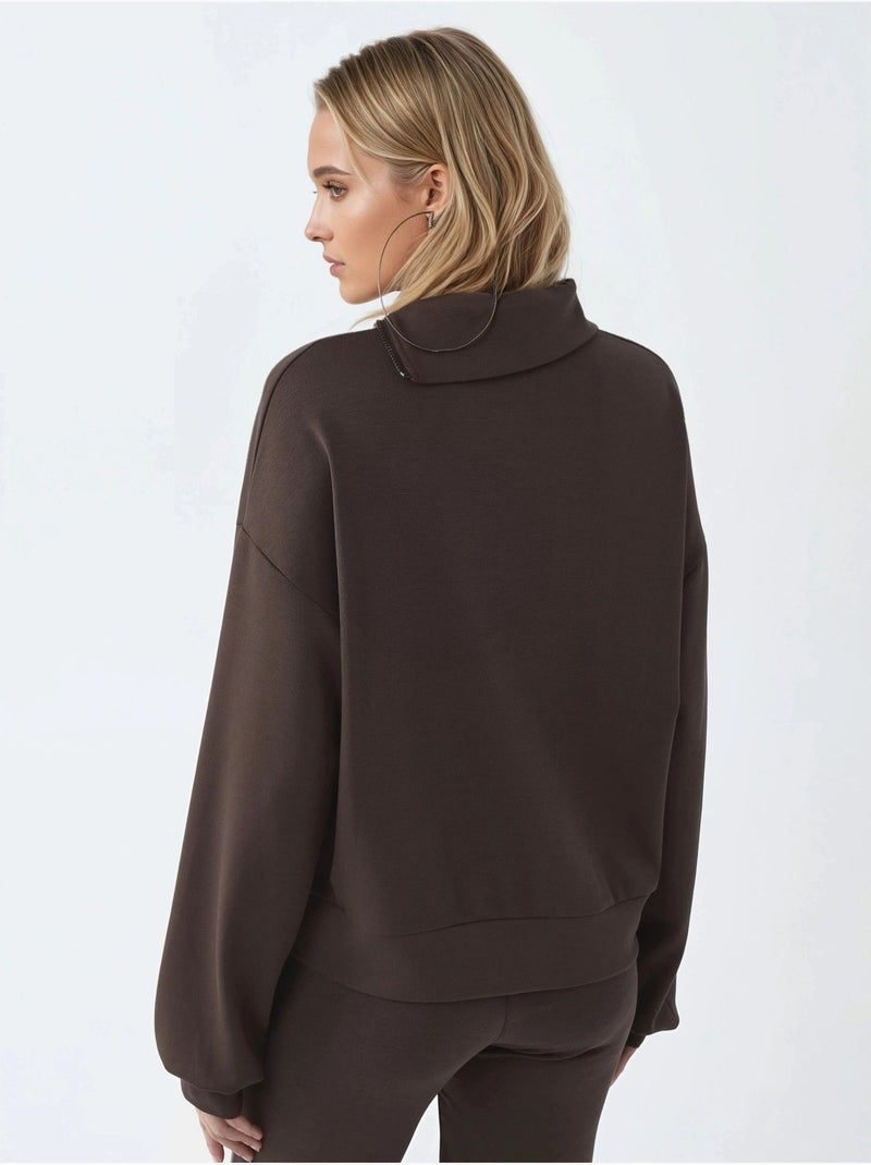 Sweatshirt relaxed fit com gola com fecho busem Castanho-escuro - Kiabi