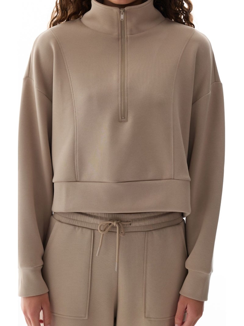 Sweatshirt silky touch com meio fecho penti Bege-argila - Kiabi