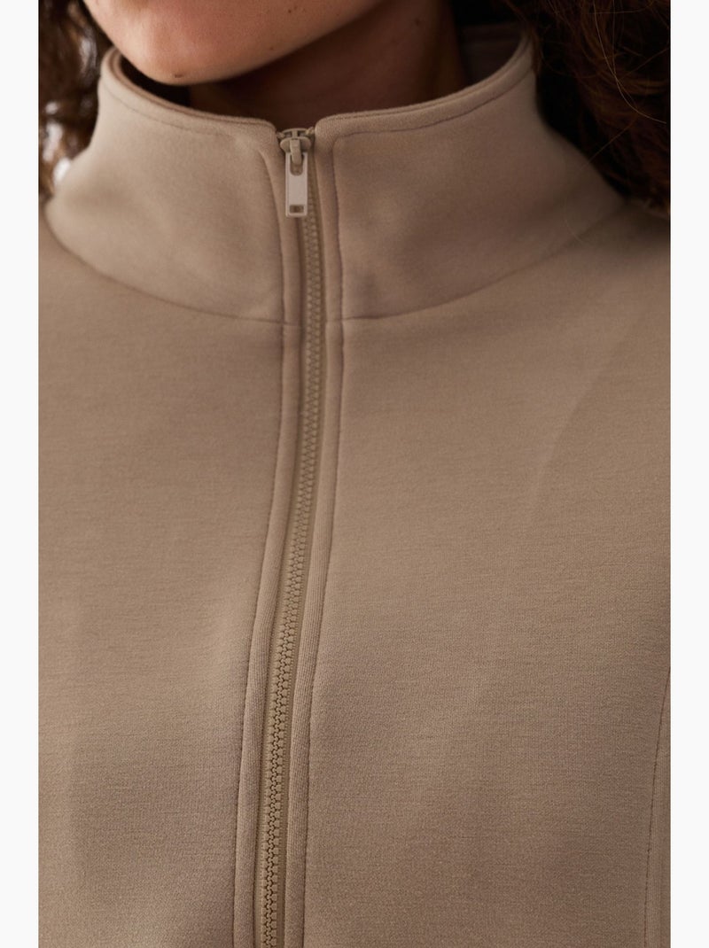 Sweatshirt silky touch com meio fecho penti Bege-argila - Kiabi