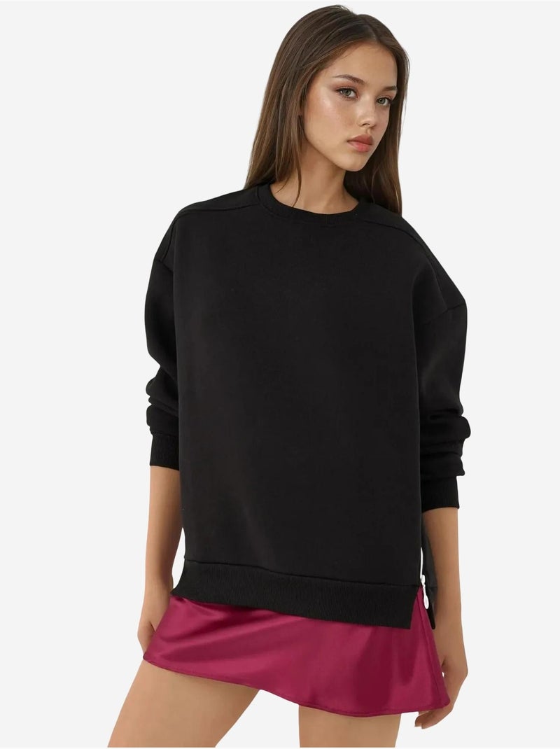 Sweatshirt texturizada de gola redonda com detalhe de fecho hiccup Preto - Kiabi