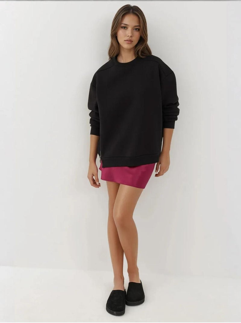 Sweatshirt texturizada de gola redonda com detalhe de fecho hiccup Preto - Kiabi
