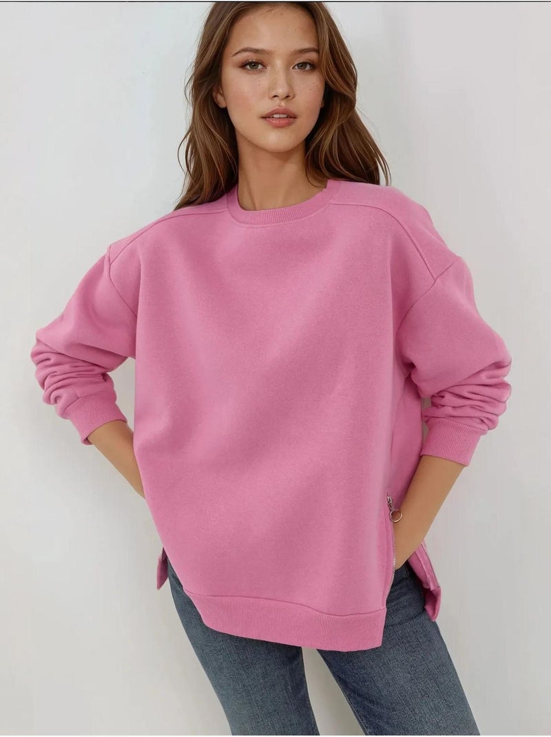Sweatshirt texturizada de gola redonda com detalhe de fecho hiccup Rosa-claro - Kiabi