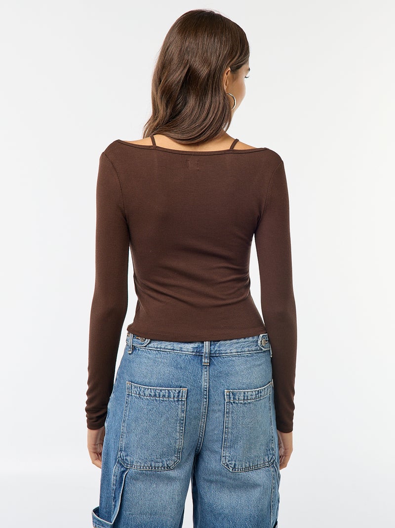 T-shirt - Camisola com efeito 2 em 1 Castanho - Kiabi