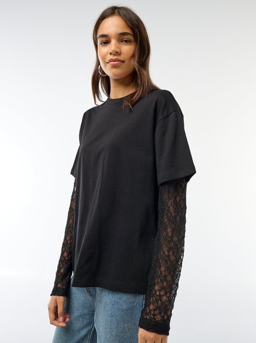 T-shirt 2 em 1 com mangas em renda - Kiabi