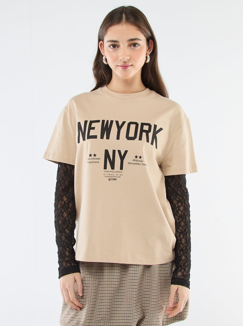 T-shirt 2 em 1 com renda Bege - Kiabi