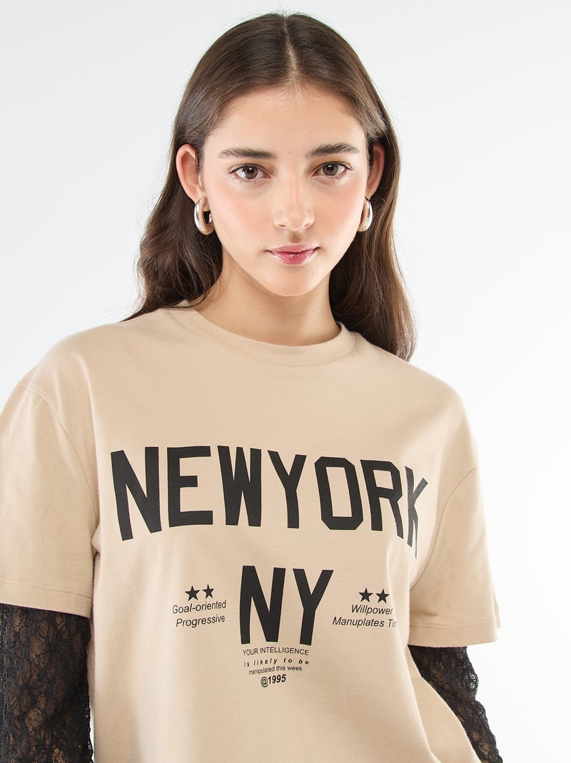 T-shirt 2 em 1 com renda Bege - Kiabi