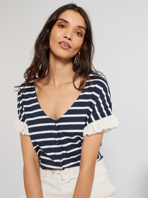 T-shirt à marinheiro com mangas bordadas - Kiabi