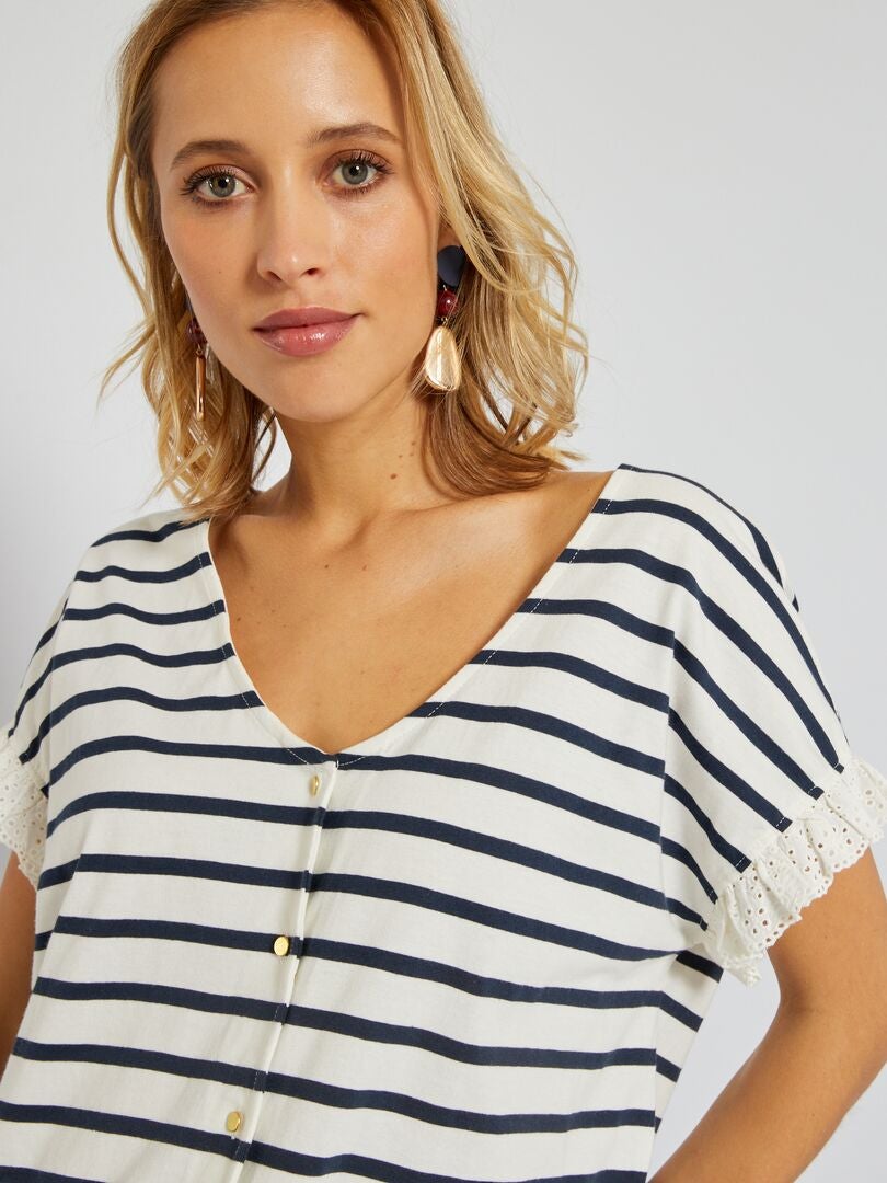 T-shirt à marinheiro com mangas bordadas BRANCO - Kiabi
