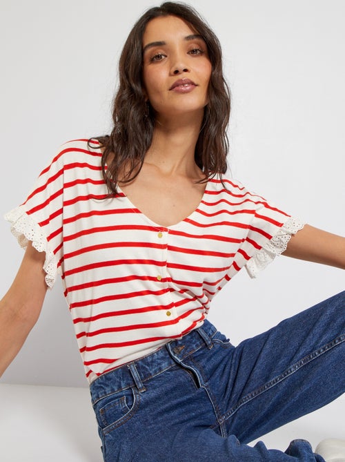 T-shirt à marinheiro com mangas bordadas - Kiabi