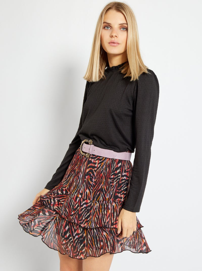 T-shirt a ponto cheio com gola franzida Preto - Kiabi