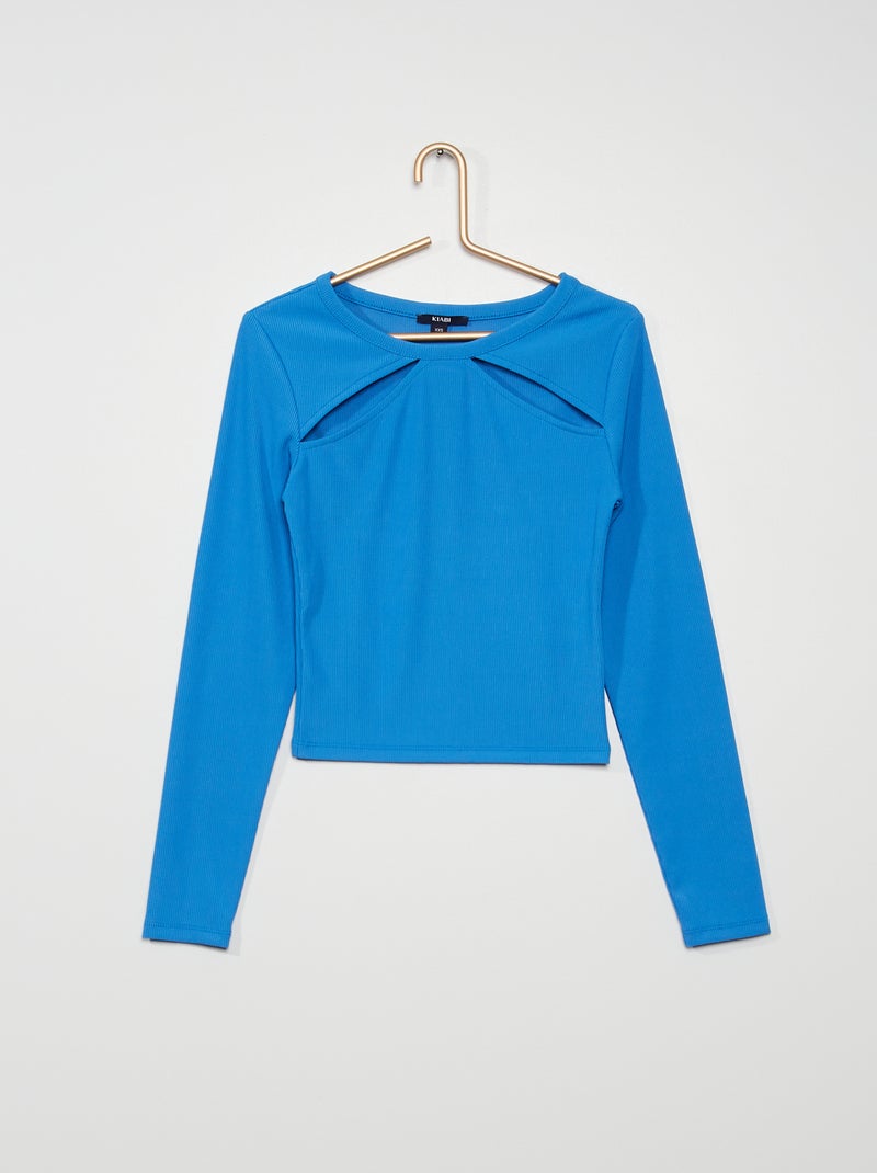 T-shirt ajurada em malha elástica canelada AZUL - Kiabi