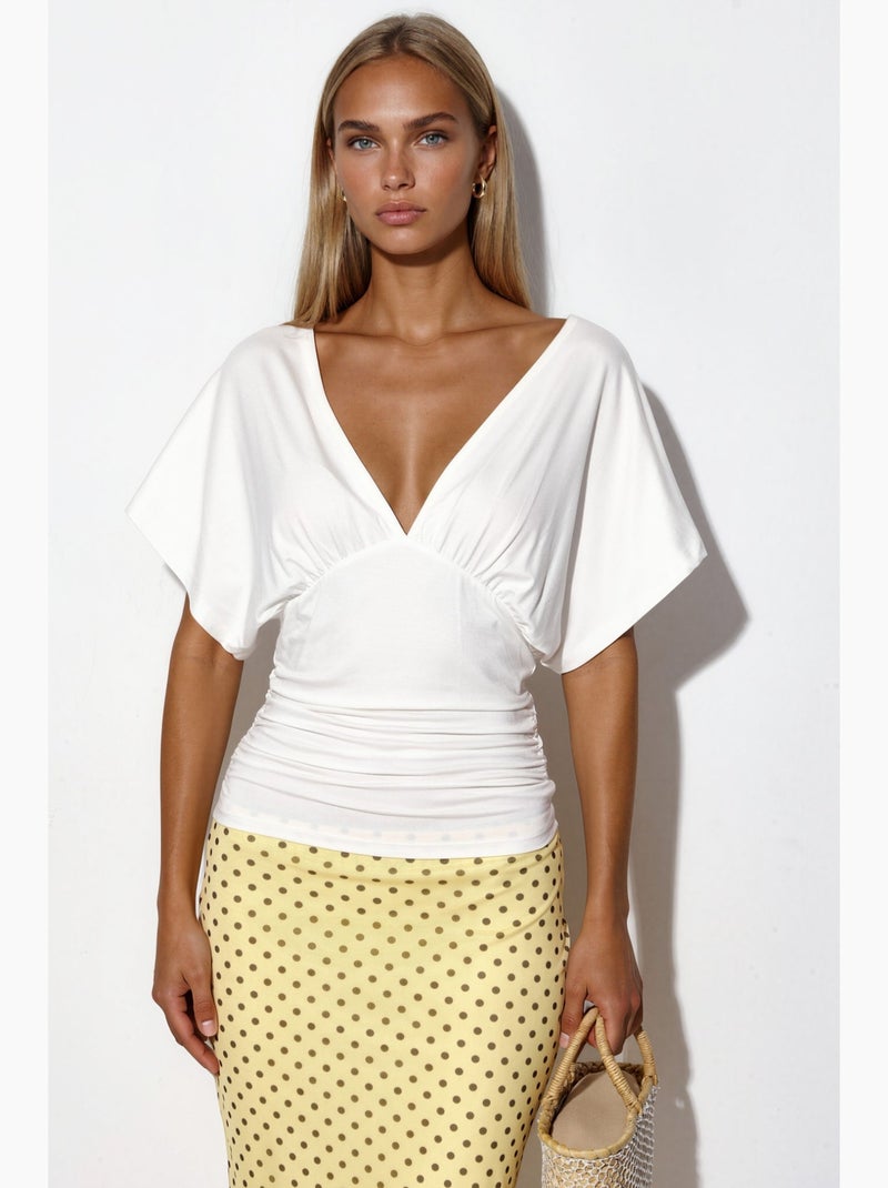 T-shirt ajustada decote v manga curta busem Branco - Kiabi