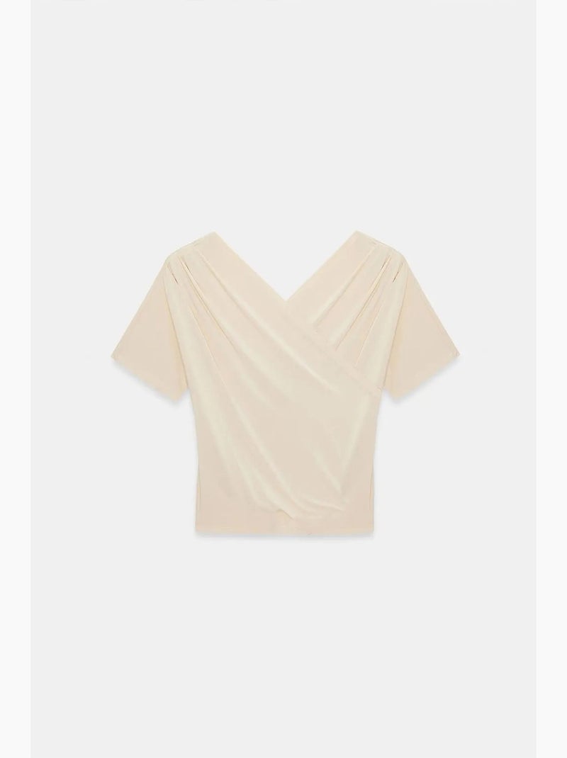 T-shirt ajustada decote v manga curta dilvin Bege-argila - Kiabi