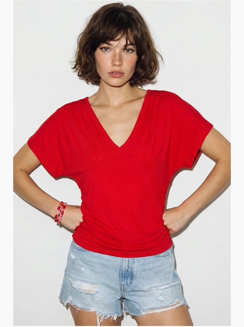T-shirt ajustada decote v manga curta lucci Vermelho - Kiabi