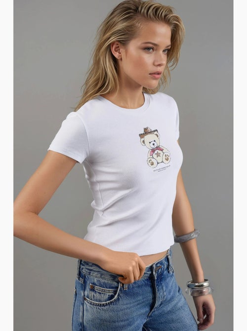 T-shirt ajustada gola redonda algodão misto manga curta busem - Kiabi