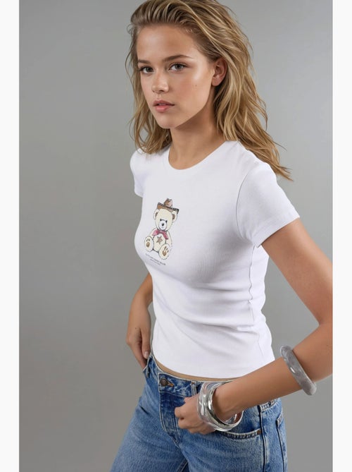 T-shirt ajustada gola redonda algodão misto manga curta busem - Kiabi