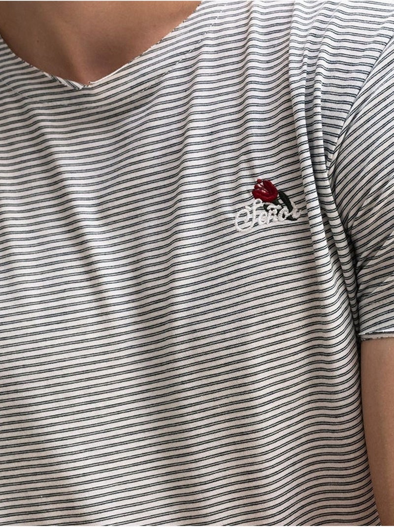 T-shirt às riscas bordada com decote redondo giesto Cáqui - Kiabi