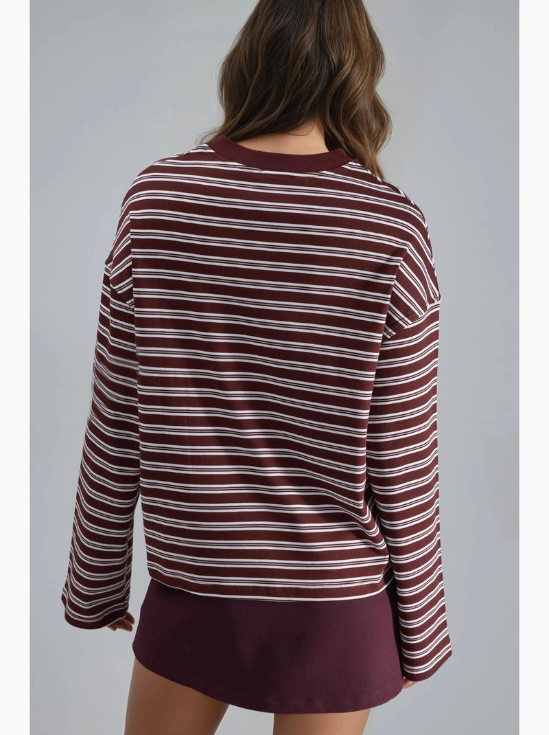 T-shirt às riscas com decote redondo e manga comprida busem Vermelho bordô - Kiabi