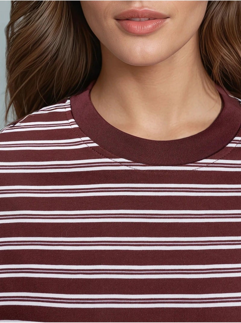 T-shirt às riscas com decote redondo e manga comprida busem Vermelho bordô - Kiabi