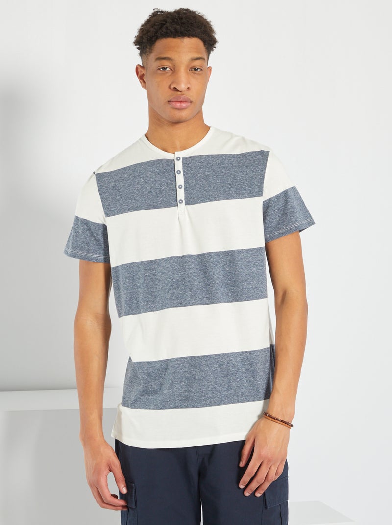 T-shirt às riscas com gola com botões Azul Marinho - Kiabi